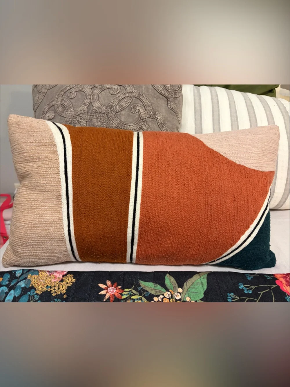 West Elm MCM Burnt Orange Beige Striped Geometric Accent Pillow 21”x12”